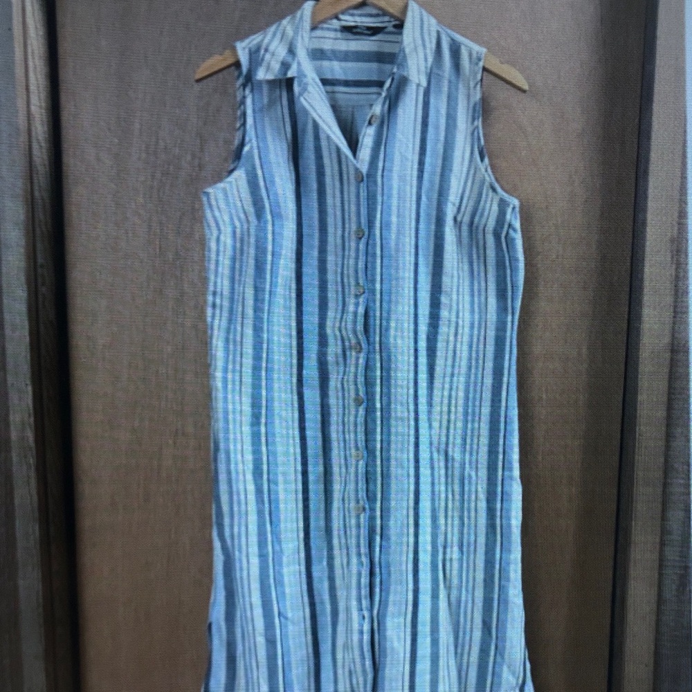 Sleeveless Button-Front Linen-Blend Striped Maxi Dress - Blue